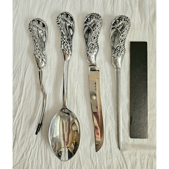 5 Piece Bruce Fox Design Turkey Handle Serving Set Fork Knife Spoon Honing Steel - Picture 1 of 14